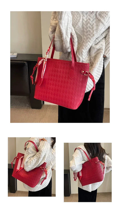 PU 2024 New Women's Bag Fashion Trend Shoulder Bag Leisure Commuter Handbag Minimalist Versatile Design Red Large Capacity