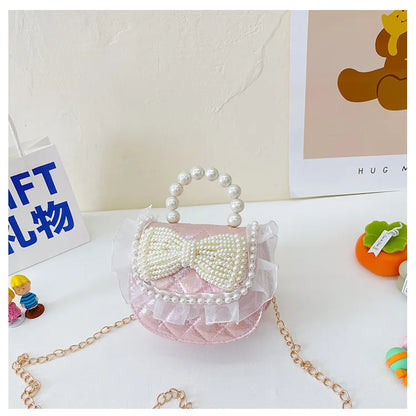 Sweet Cute Bow Children's Shoulder Bag Pearl Handle Baby Girls Small Crossbody Bags Lovely Princess Accessories Purse Handbags
