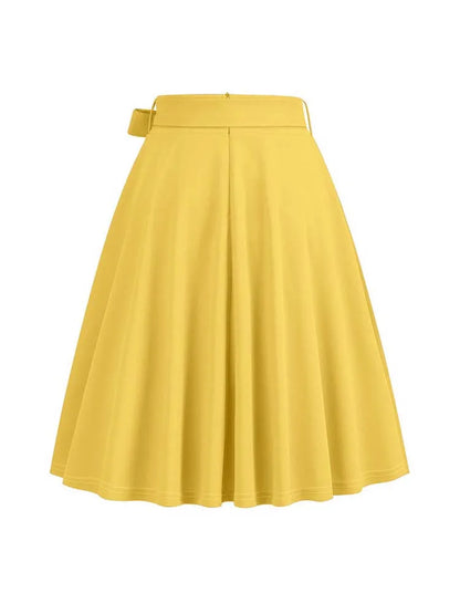 Women Summer Midi Long Skirt Solid Elegant Faldas High Waist A Line 50s Swing Skirts