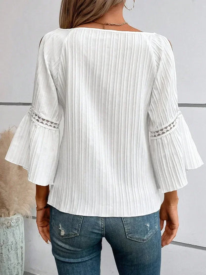 Spring and Autumn Women's Plus Size Fashion Slimming Off Off Shoulder Solid Color T-shirt Lace Patch Fluffy Sleeve Casual Shirt
