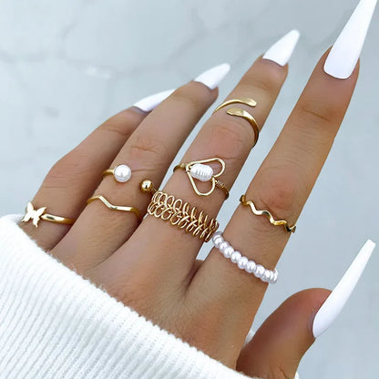 Bohemian Wave Flower Rings Set For Women Vintage Geometric Pearl Butterfly Metal Chain Knuckle Rings 2022 Trendy Jewelry Gift