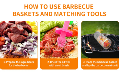 BBQ Basket Stainless Steel Rolling Grilling Basket Wire Mesh Cylinder Grill Basket Portable Round Outdoor Camping Barbecue Rack