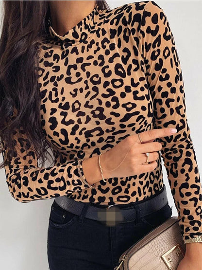 Women Blouses Fashion Leopard Print Turtle Neck Blouse Autumn Long Sleeve Shirts Party Ladies Clothes Womens Blouses And Tops