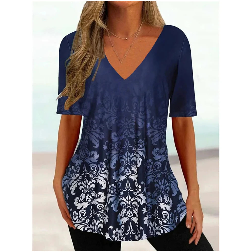 Women's T Shirt Stripe Gradient Relaxed Ladies Clothes Blouse V-Neck Fashion Short Sleeve Tees Female Oversized Sweatshirt Loose