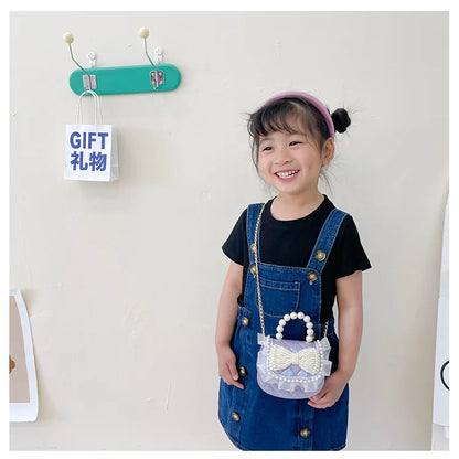 Sweet Cute Bow Children's Shoulder Bag Pearl Handle Baby Girls Small Crossbody Bags Lovely Princess Accessories Purse Handbags