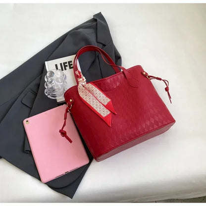 PU 2024 New Women's Bag Fashion Trend Shoulder Bag Leisure Commuter Handbag Minimalist Versatile Design Red Large Capacity