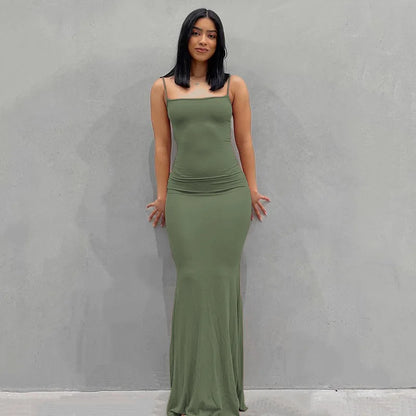 Europe and the United States cross-border foreign trade women 2024 solid color sexy slim high step slip dress