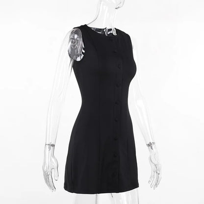 Fashion Sleeveless Sexy Mini Dress For Women New O Neck Single-btrasted Bodycon Club Party Tank Dress Femme Clothes vestidos