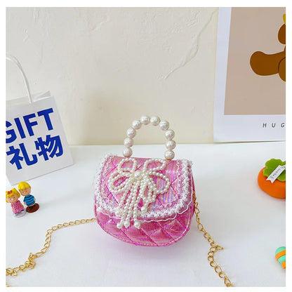 Sweet Cute Bow Children's Shoulder Bag Pearl Handle Baby Girls Small Crossbody Bags Lovely Princess Accessories Purse Handbags