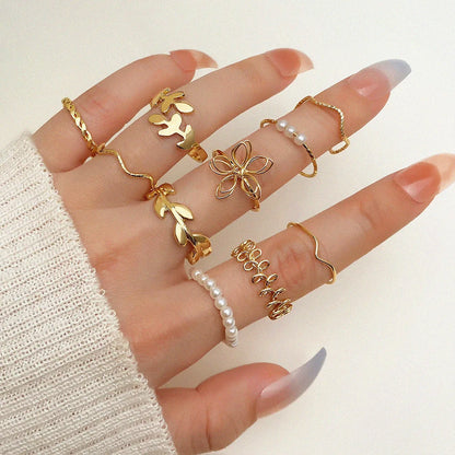 Bohemian Wave Flower Rings Set For Women Vintage Geometric Pearl Butterfly Metal Chain Knuckle Rings 2022 Trendy Jewelry Gift