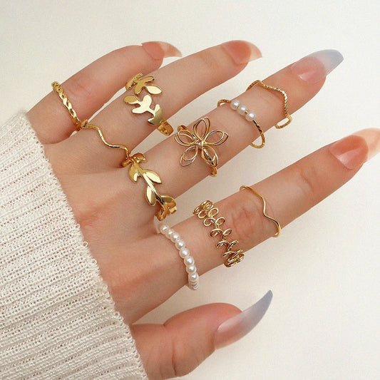 Bohemian Wave Flower Rings Set For Women Vintage Geometric Pearl Butterfly Metal Chain Knuckle Rings 2022 Trendy Jewelry Gift
