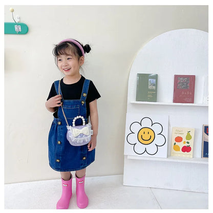 Sweet Cute Bow Children's Shoulder Bag Pearl Handle Baby Girls Small Crossbody Bags Lovely Princess Accessories Purse Handbags