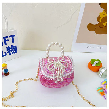 Sweet Cute Bow Children's Shoulder Bag Pearl Handle Baby Girls Small Crossbody Bags Lovely Princess Accessories Purse Handbags