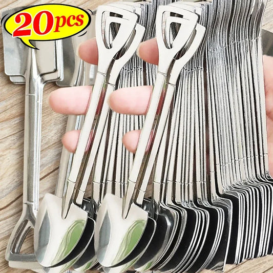 20/2x Stainless Steel Shovel Spoons Gold Silver Mini Coffee Teaspoon Fruit Ice Cream Dessert Spoon Scoops Kitchen Tableware Set