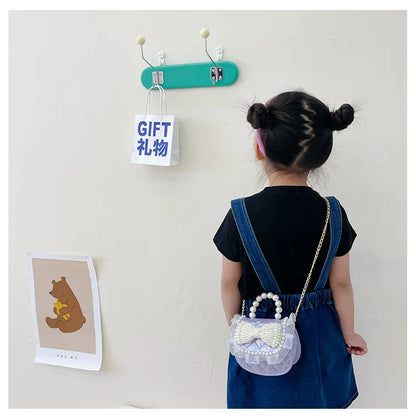 Sweet Cute Bow Children's Shoulder Bag Pearl Handle Baby Girls Small Crossbody Bags Lovely Princess Accessories Purse Handbags