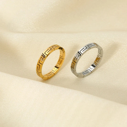 Korean Style Simple Geometric Lattice Stackable Rings 18K Gold Plated Stainless Steel Band Ring Waterproof Jewelry Gift