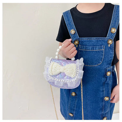 Sweet Cute Bow Children's Shoulder Bag Pearl Handle Baby Girls Small Crossbody Bags Lovely Princess Accessories Purse Handbags
