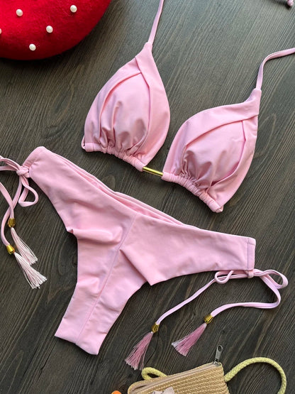2024 sexy women bikini, brazilian triangle bikini, push-up swimsuit, metal chain beach bikini