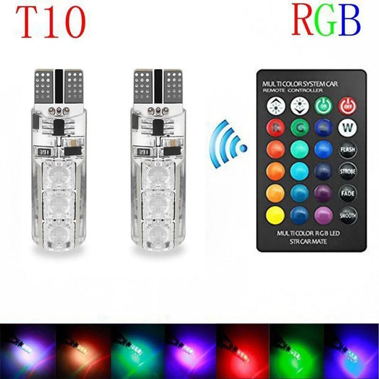 2Pcs T10 5050 LED Car Width Light Auto Dome Reading Decorative Lamp 6SMD RGB Color Remote Control Strobe Mood Light