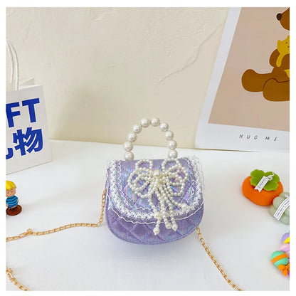 Sweet Cute Bow Children's Shoulder Bag Pearl Handle Baby Girls Small Crossbody Bags Lovely Princess Accessories Purse Handbags