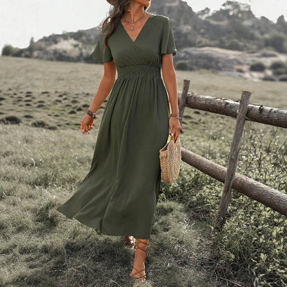 Mia Muse Women's Dresses Summer Fashion 2025 Plain Side Slit Nipped Waists Short Sleeve V-Neck A Line Midi Vacation Dresses