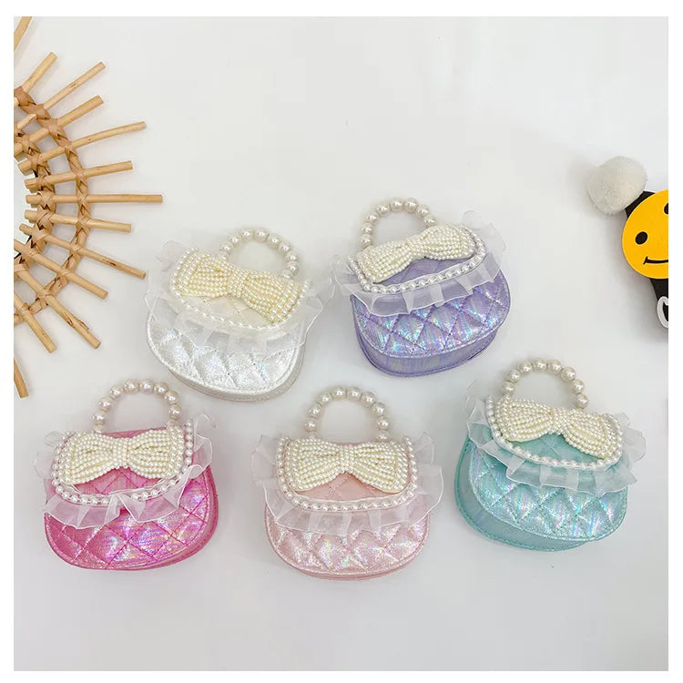 Sweet Cute Bow Children's Shoulder Bag Pearl Handle Baby Girls Small Crossbody Bags Lovely Princess Accessories Purse Handbags