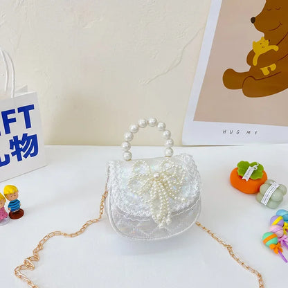 Sweet Cute Bow Children's Shoulder Bag Pearl Handle Baby Girls Small Crossbody Bags Lovely Princess Accessories Purse Handbags