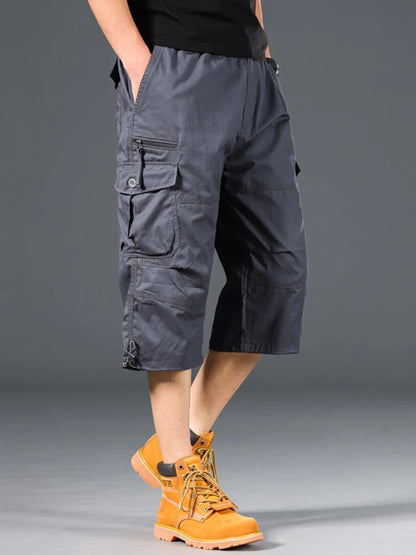Summer Men's Cargo Shorts Loose Casual Below Knee Pants Elastic Waist Plus Size Outdoor Jogging Tactical Capri Pants
