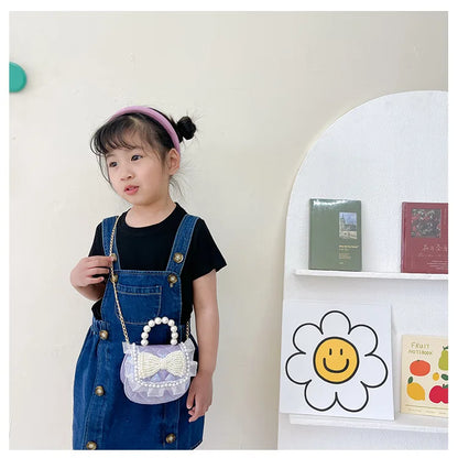 Sweet Cute Bow Children's Shoulder Bag Pearl Handle Baby Girls Small Crossbody Bags Lovely Princess Accessories Purse Handbags