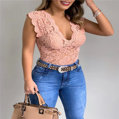 Sexy Deep V Neck Sleeveless Lace Blouse Shirts Summer Fashion Women Lace Patchwork Pullover Tops XCDZ-540738