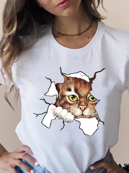 Print T Fashion 3D Cat Lovely Trend Cute Women's Clothing Short Sleeve Clothes Summer T-shirts Ladies Female Graphic Tee