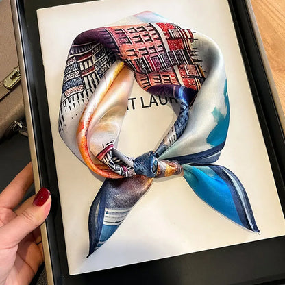 Hot Sale 2025 Brand 100% Silk Scarf Women Neck Hair Foulard Square Headband Hijab Print Poncho Scarves Bandana Fashion 53cm