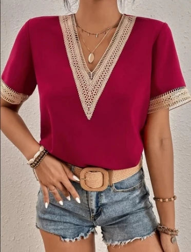 Women's Blouses Spring Summer Latest 2025 V-Neck Lace Casual Solid Color Shirt Short Sleeved T-Shirt Loose Fit Top Pullover