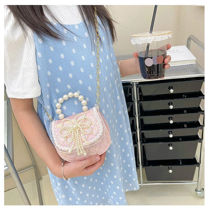 Sweet Cute Bow Children's Shoulder Bag Pearl Handle Baby Girls Small Crossbody Bags Lovely Princess Accessories Purse Handbags