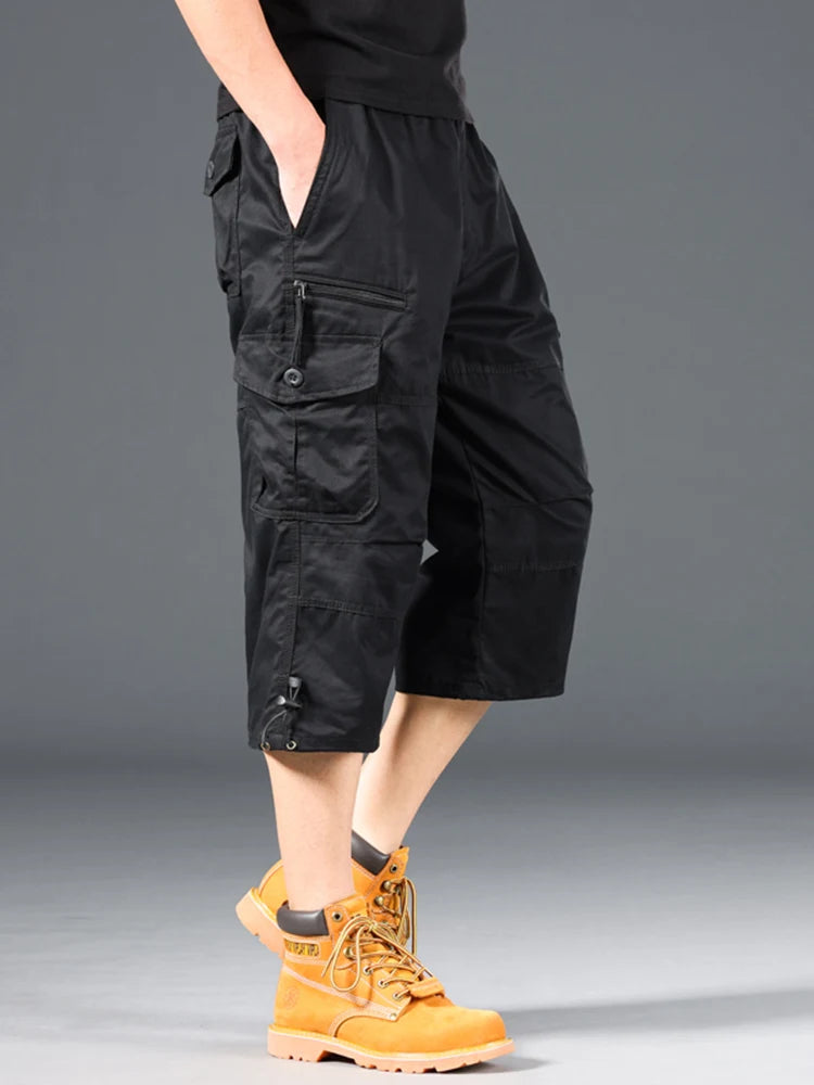 Summer Men's Cargo Shorts Loose Casual Below Knee Pants Elastic Waist Plus Size Outdoor Jogging Tactical Capri Pants