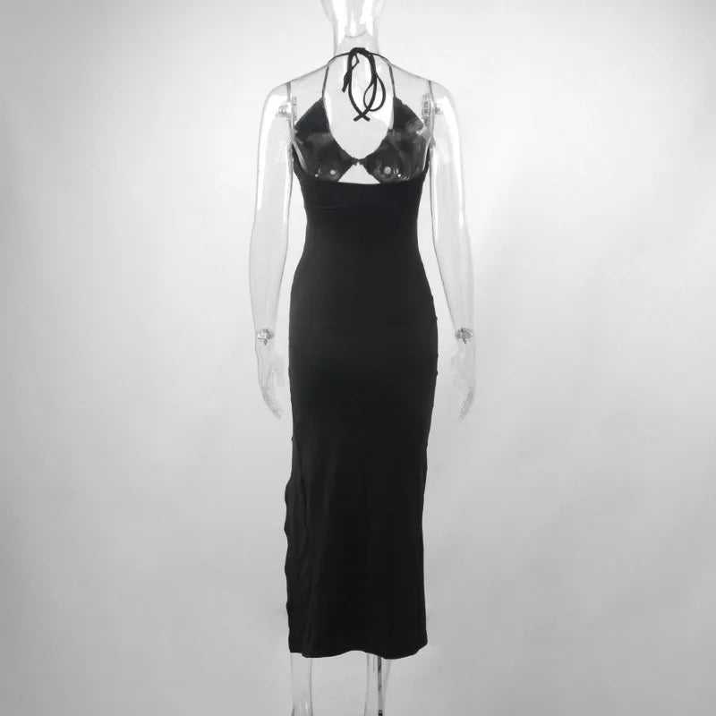 Summer Black Sexy Dress For Women Sleeveless Backless Hollow Out Party Dress Fashion Lace-up Halter Bodycon Elegant Split Dress