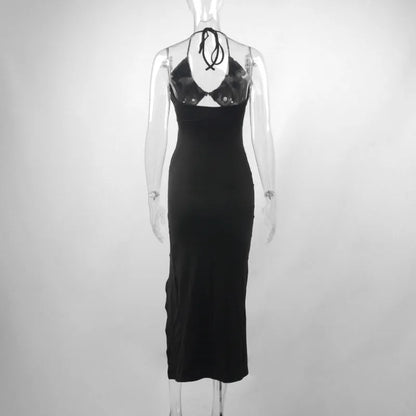 Summer Black Sexy Dress For Women Sleeveless Backless Hollow Out Party Dress Fashion Lace-up Halter Bodycon Elegant Split Dress