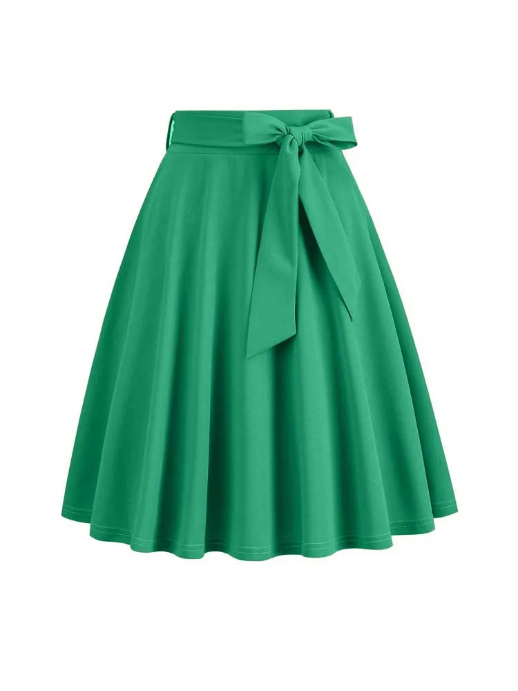 Women Summer Midi Long Skirt Solid Elegant Faldas High Waist A Line 50s Swing Skirts