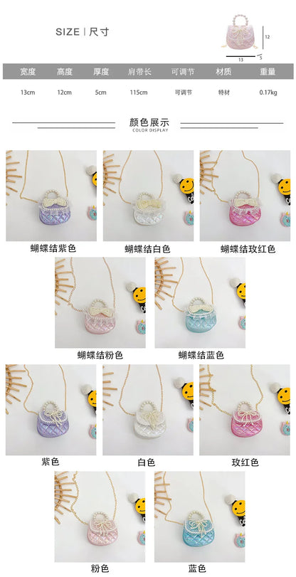 Sweet Cute Bow Children's Shoulder Bag Pearl Handle Baby Girls Small Crossbody Bags Lovely Princess Accessories Purse Handbags