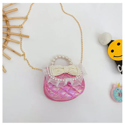 Sweet Cute Bow Children's Shoulder Bag Pearl Handle Baby Girls Small Crossbody Bags Lovely Princess Accessories Purse Handbags