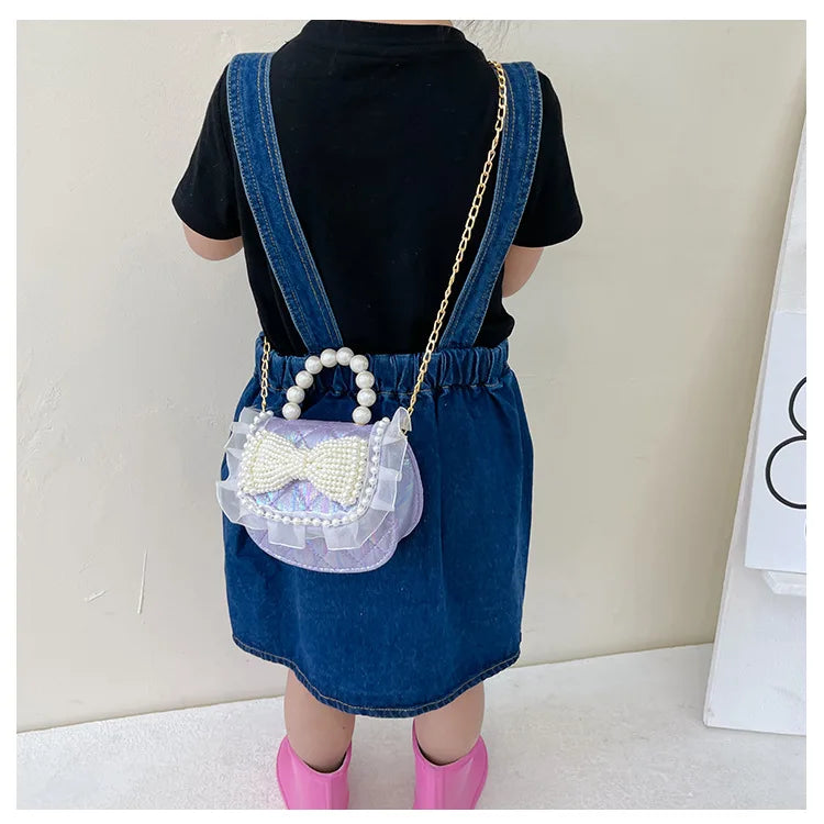 Sweet Cute Bow Children's Shoulder Bag Pearl Handle Baby Girls Small Crossbody Bags Lovely Princess Accessories Purse Handbags