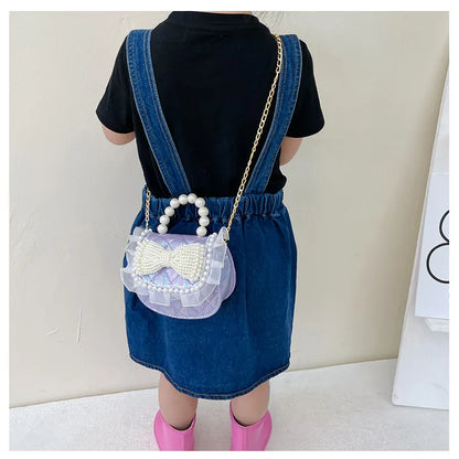 Sweet Cute Bow Children's Shoulder Bag Pearl Handle Baby Girls Small Crossbody Bags Lovely Princess Accessories Purse Handbags