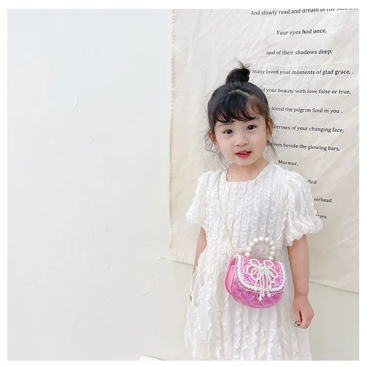 Sweet Cute Bow Children's Shoulder Bag Pearl Handle Baby Girls Small Crossbody Bags Lovely Princess Accessories Purse Handbags