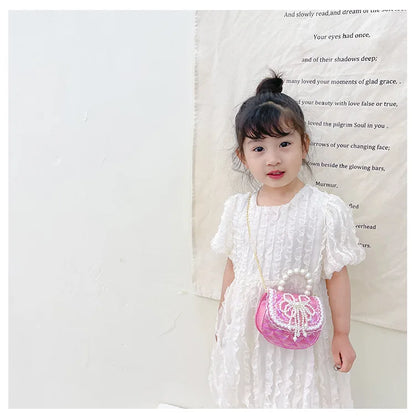 Sweet Cute Bow Children's Shoulder Bag Pearl Handle Baby Girls Small Crossbody Bags Lovely Princess Accessories Purse Handbags