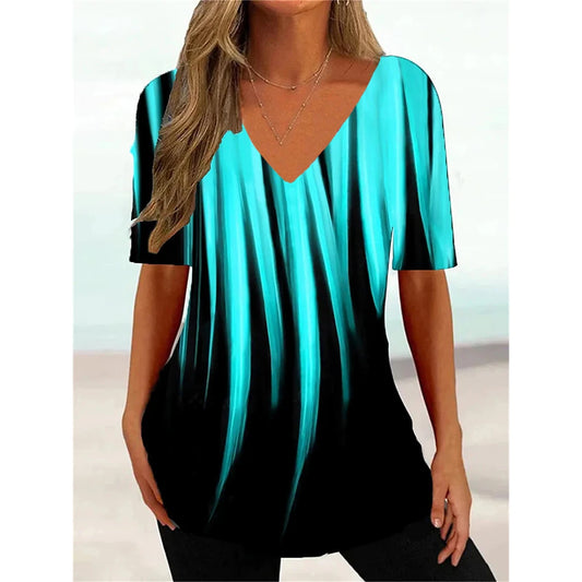 Women's T Shirt Stripe Gradient Relaxed Ladies Clothes Blouse V-Neck Fashion Short Sleeve Tees Female Oversized Sweatshirt Loose