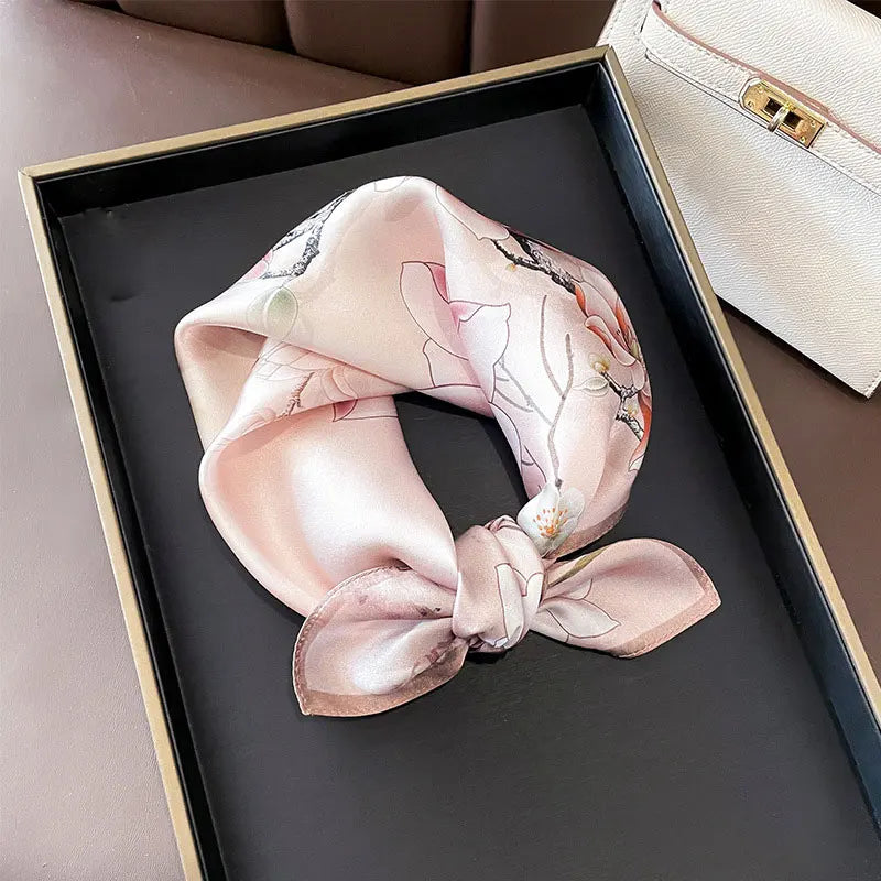 Hot Sale 2025 Brand 100% Silk Scarf Women Neck Hair Foulard Square Headband Hijab Print Poncho Scarves Bandana Fashion 53cm