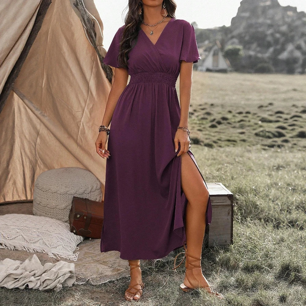 Mia Muse Women's Dresses Summer Fashion 2025 Plain Side Slit Nipped Waists Short Sleeve V-Neck A Line Midi Vacation Dresses