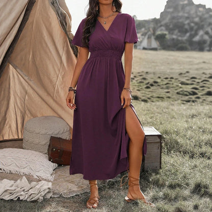 Mia Muse Women's Dresses Summer Fashion 2025 Plain Side Slit Nipped Waists Short Sleeve V-Neck A Line Midi Vacation Dresses