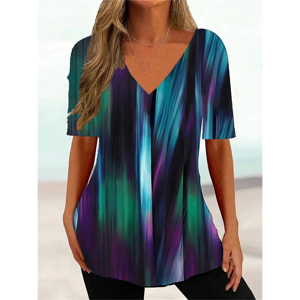 Women's T Shirt Stripe Gradient Relaxed Ladies Clothes Blouse V-Neck Fashion Short Sleeve Tees Female Oversized Sweatshirt Loose