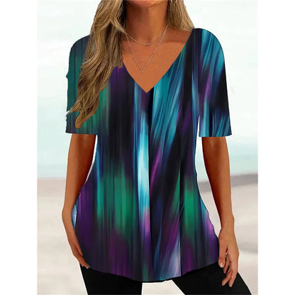 Women's T Shirt Stripe Gradient Relaxed Ladies Clothes Blouse V-Neck Fashion Short Sleeve Tees Female Oversized Sweatshirt Loose